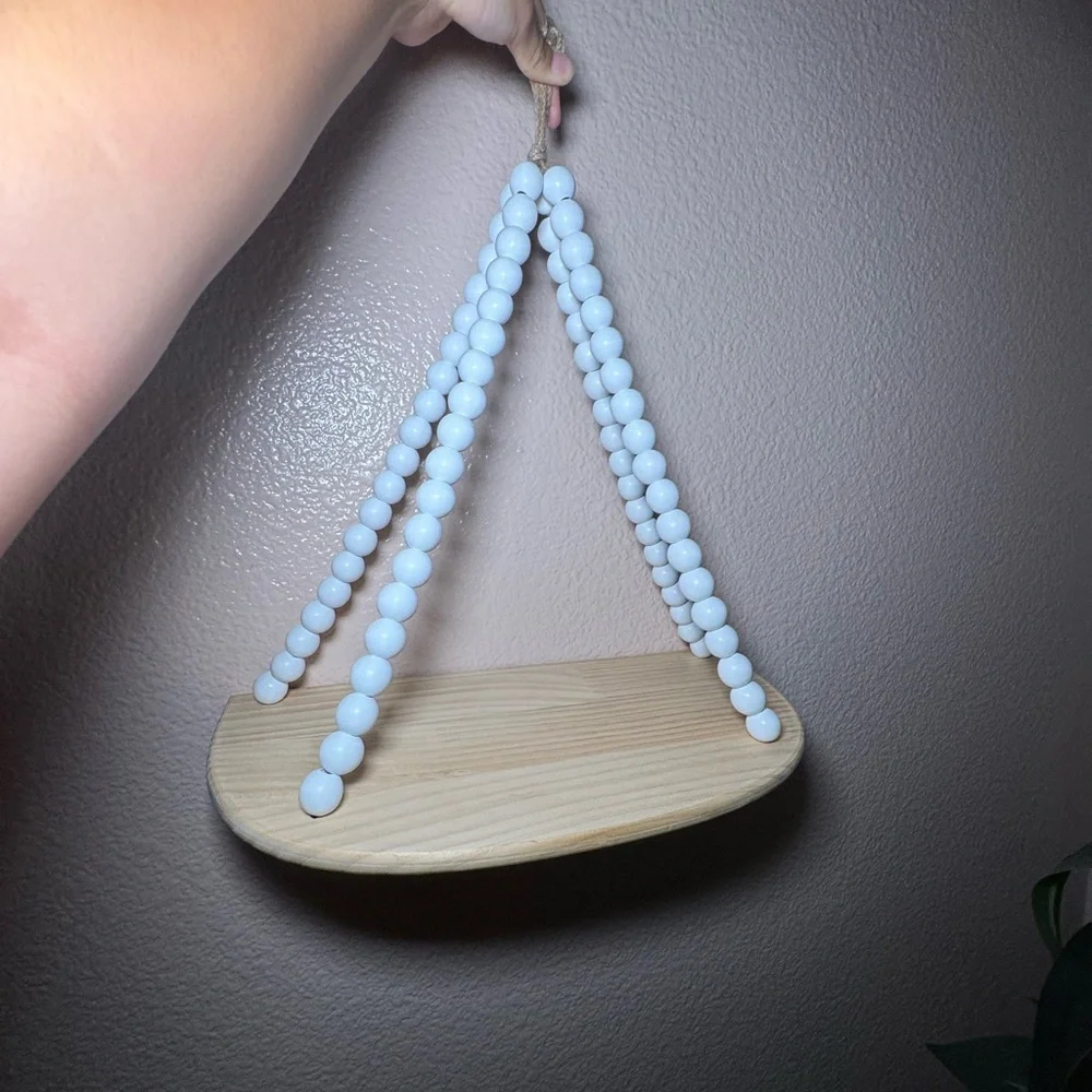 Natural Wood and White Beaded Hanging Shelf